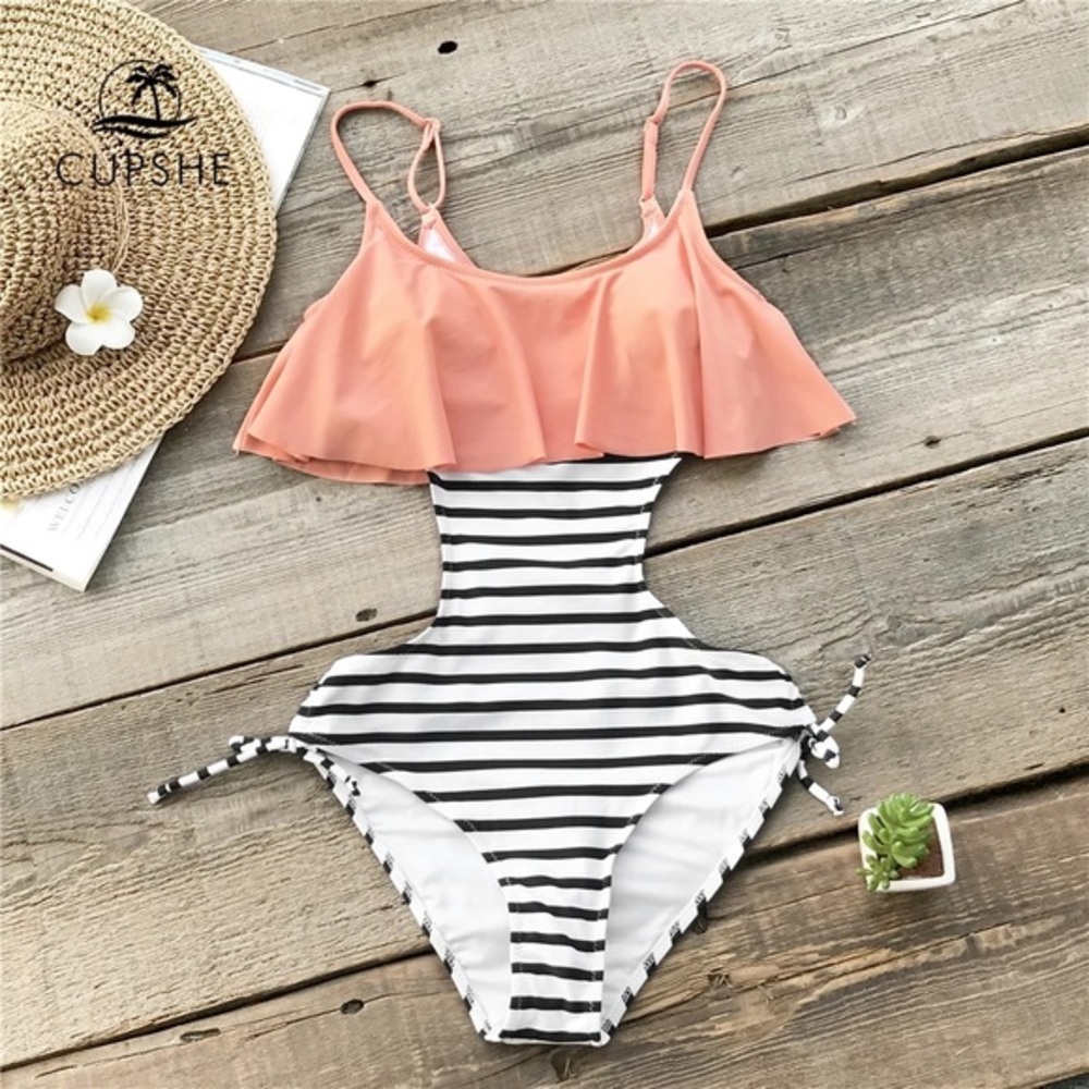 CUPSHE-Sweet Smile Falbala Tie Swimsuit/Monokini-M